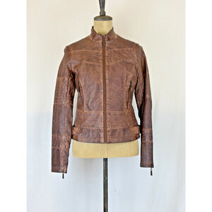 J2 Brown Faux Leather Short Moto Jacket Super Cute!! Size Small #0323